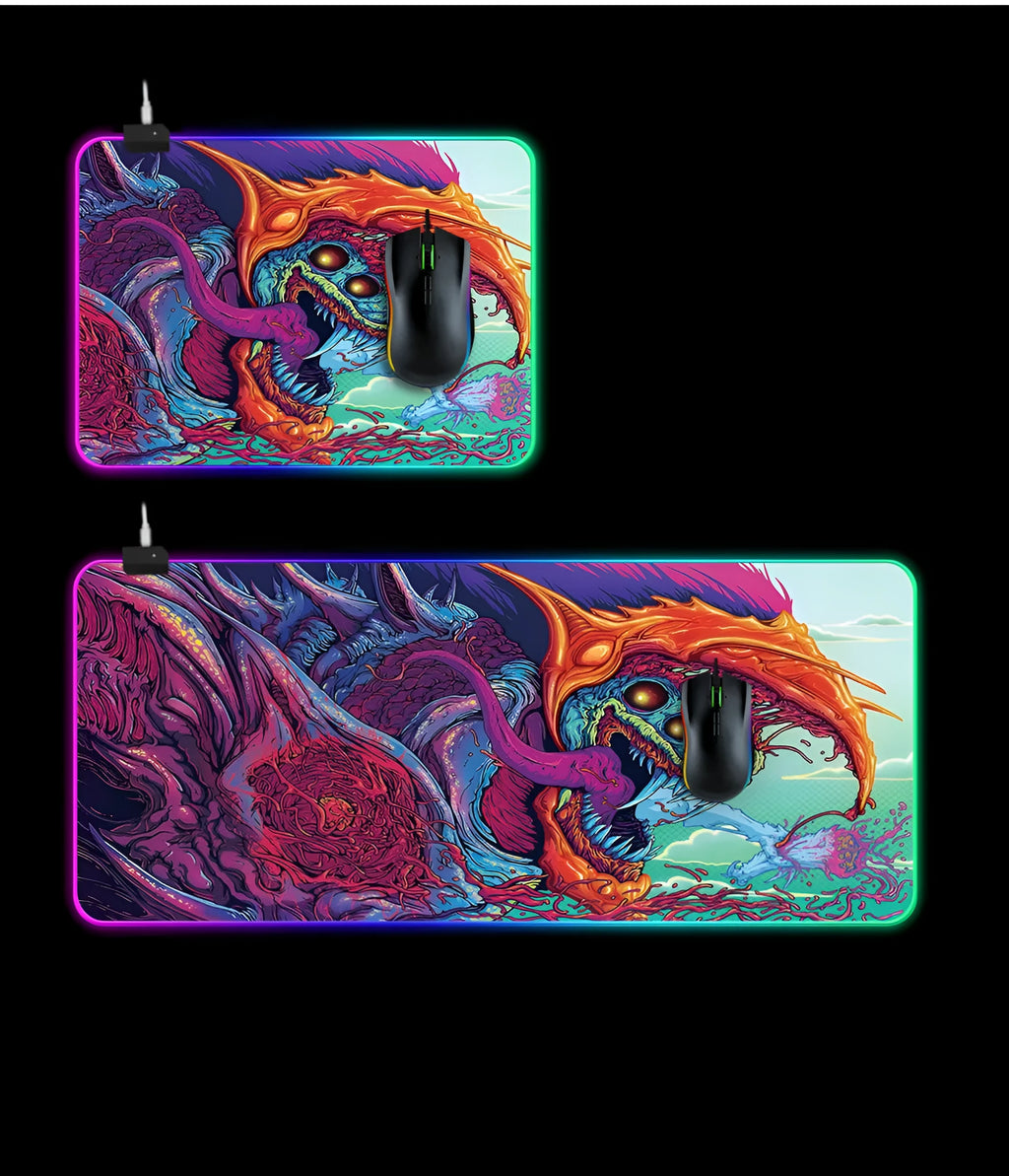 Symphony gaming light-emitting mouse pad with RGB illumination on a desk, 300x600x4mm size option