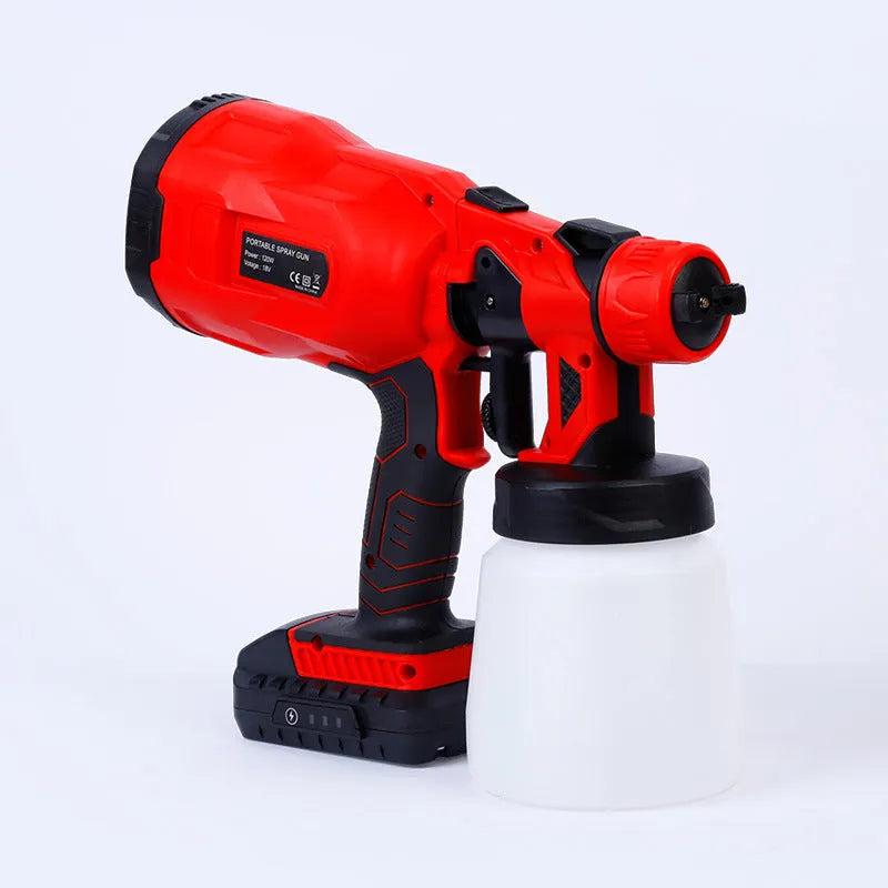 Cordless paint spray gun with blue housing and 800ml paint container showing 1.8mm nozzle