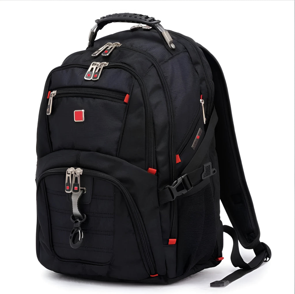 Black business computer backpack with three compartments showing laptop storage and organisational pockets