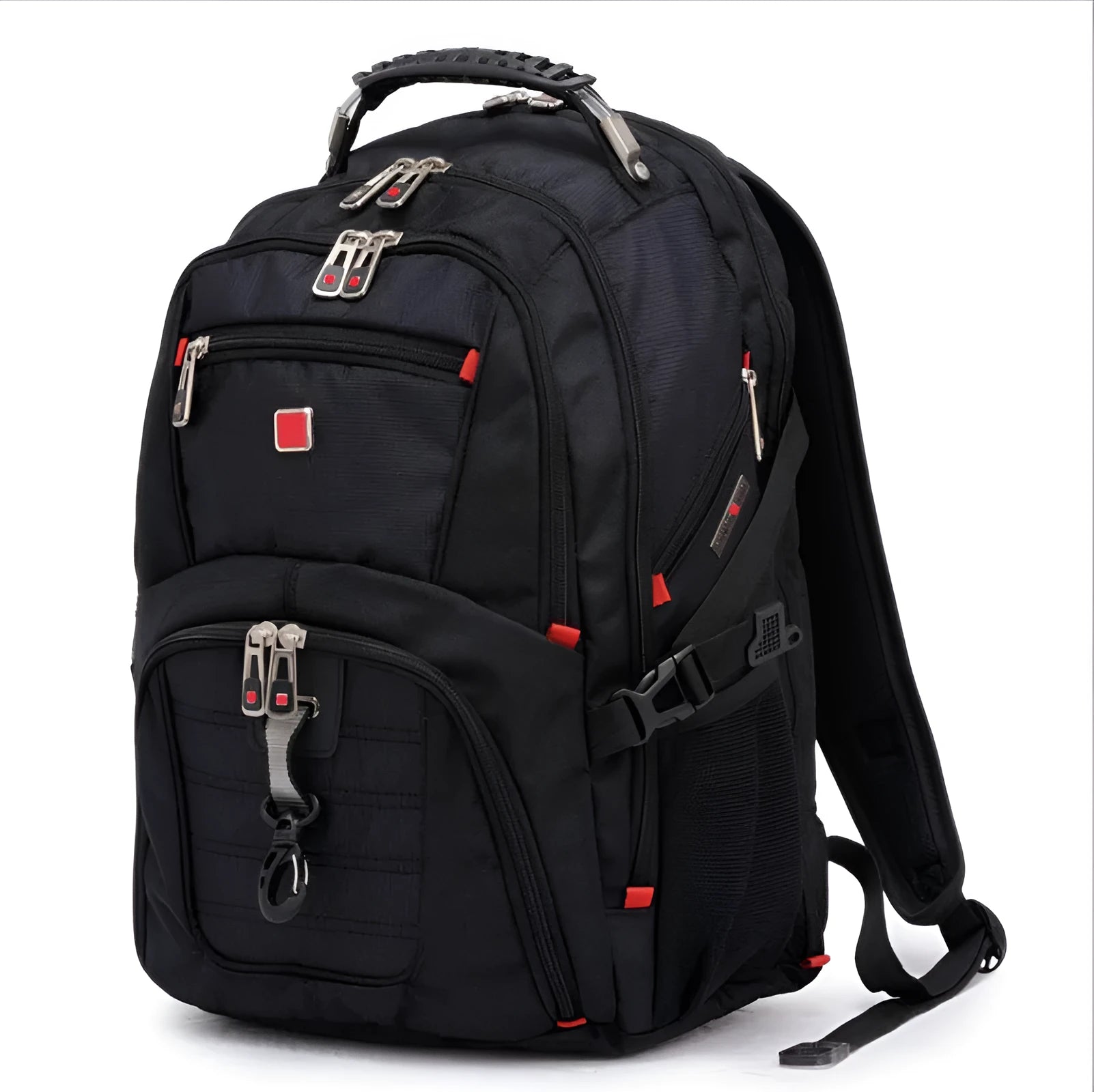 Black business computer backpack with three compartments showing laptop storage and organisational pockets