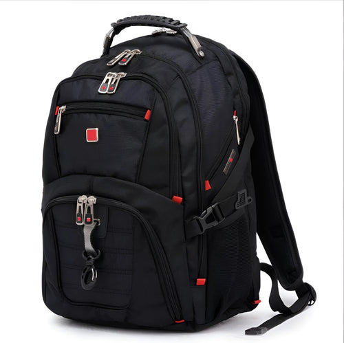 Black business computer backpack with three compartments showing laptop storage and organisational pockets