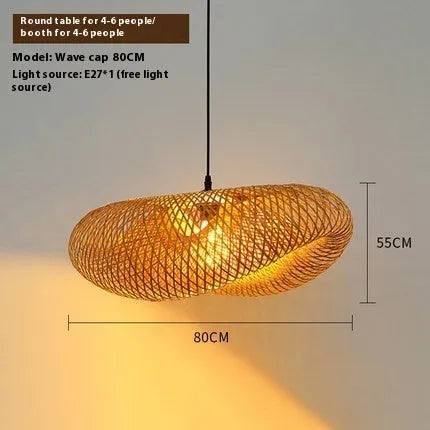 Bamboo straw hat-shaped hanging pendant lamp with natural woven shade for ceiling installation