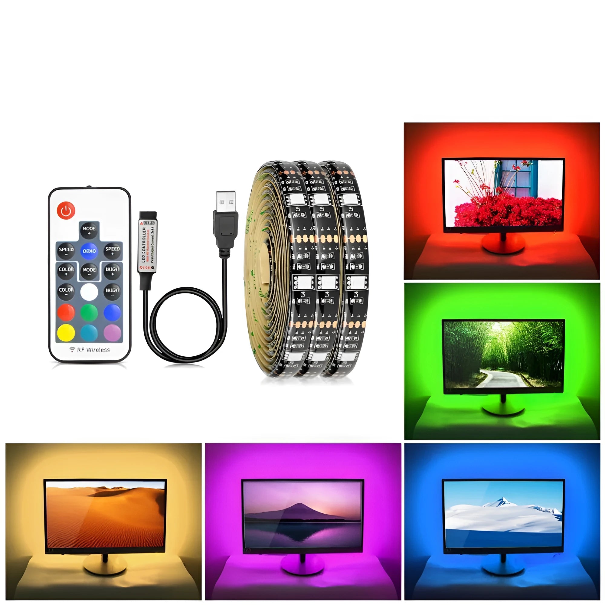 Flexible LED strip lighting with 30 beads per metre showing adhesive backing and cut points