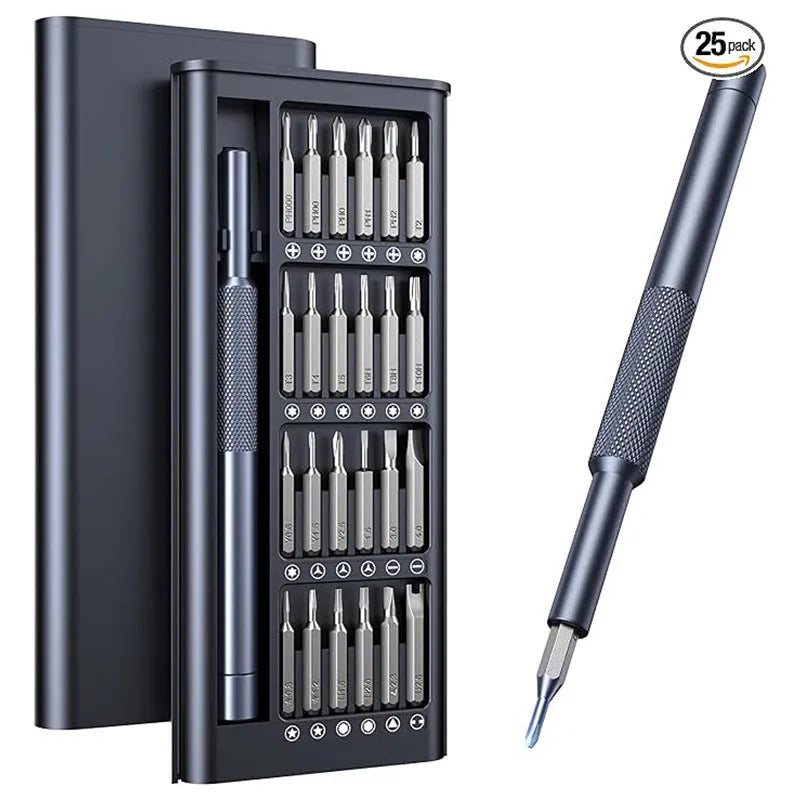 25-in-one screwdriver set with magnetic tip, chrome vanadium steel bits, and two ABS handle options on a white background
