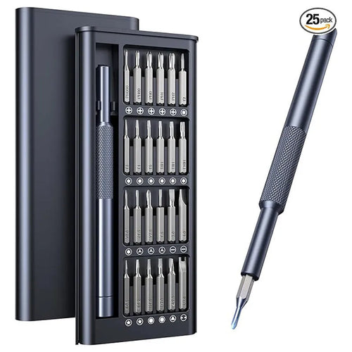 25-in-one screwdriver set with magnetic tip, chrome vanadium steel bits, and two ABS handle options on a white background