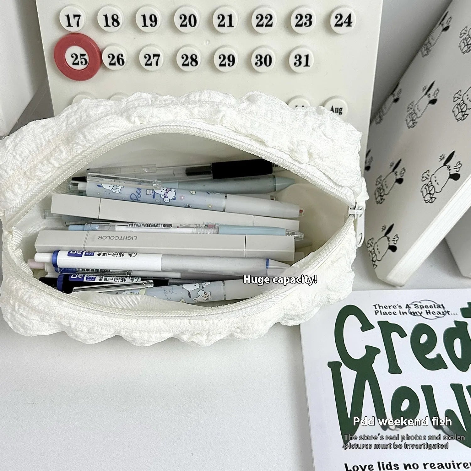 Cream Puff fabric pencil case in beige or black colour for pen and pencil organisation