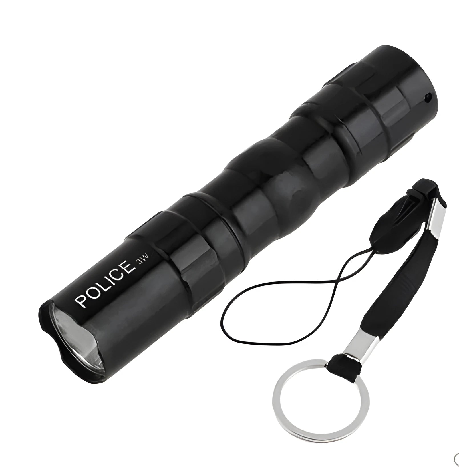 Small black aluminium LED mini flashlight shown next to a AA battery for scale.