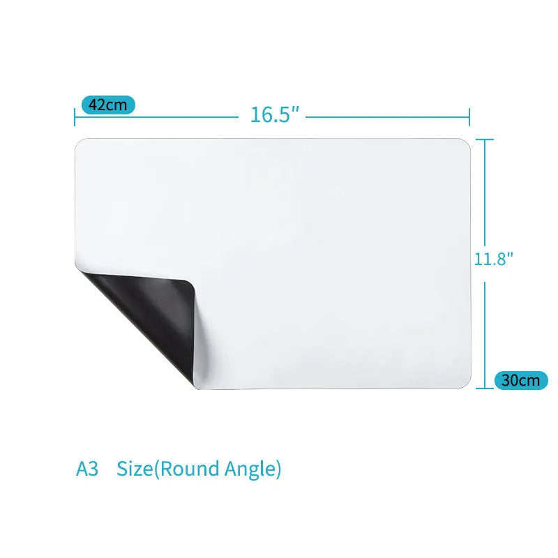 A3 rounded magnetic soft whiteboard with PET film surface on a fridge door showing handwritten notes