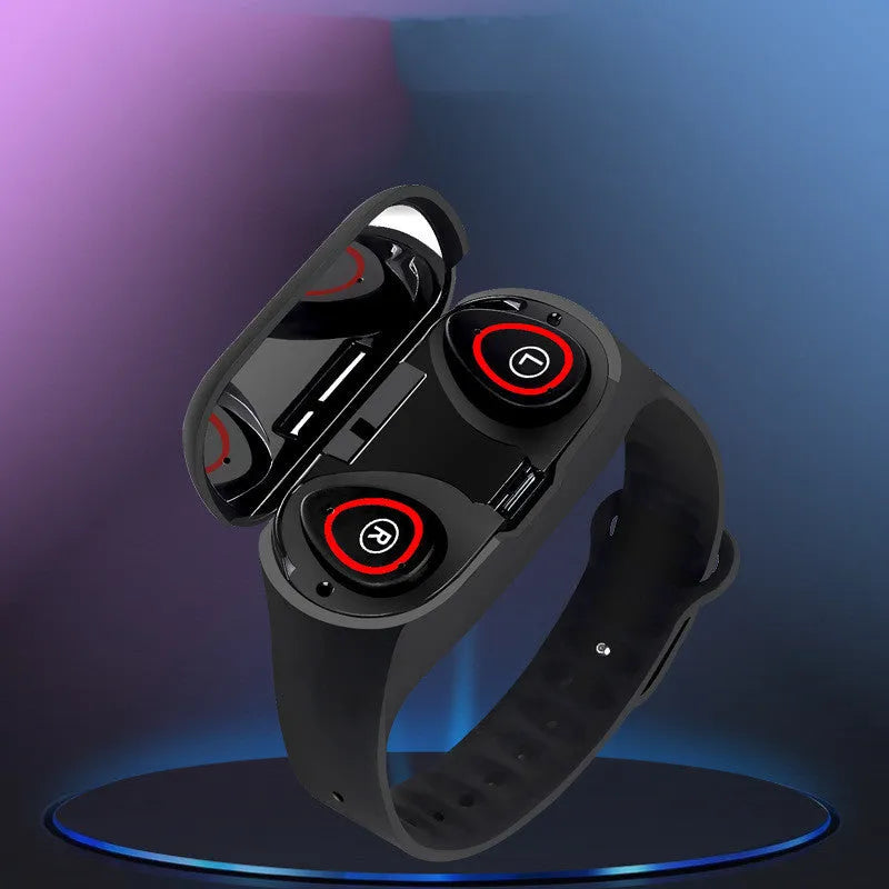 Smart bracelet and earphone combo with silicone wristband in choice of colours showing 1-inch screen
