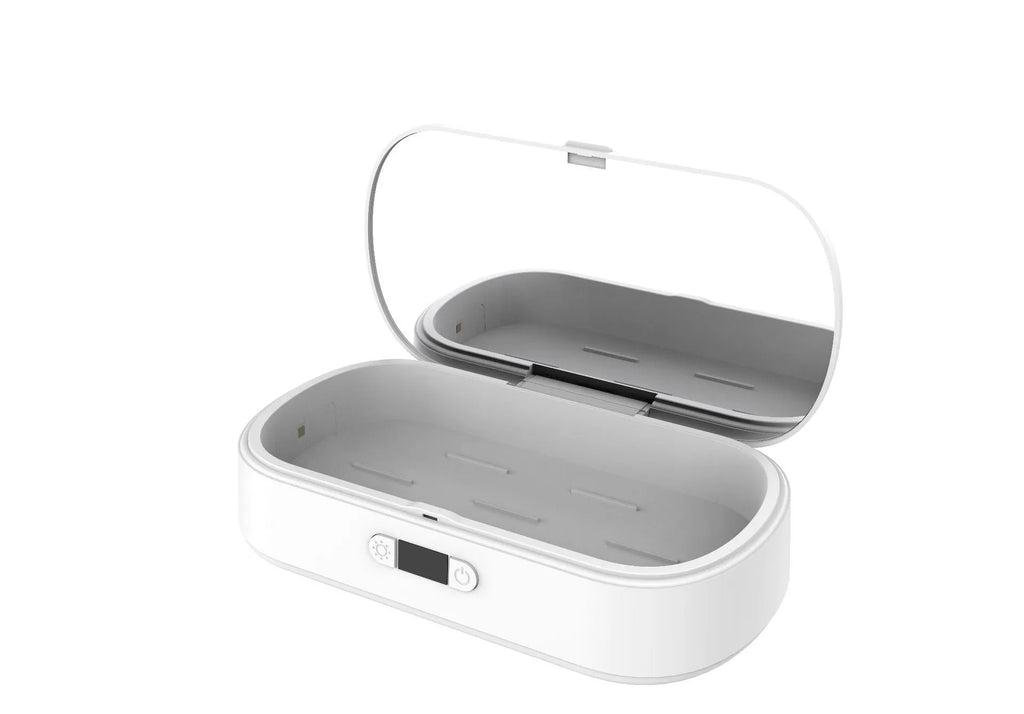 White ABS plastic wireless UV sterilizer box with disinfection chamber and wireless charging pad.