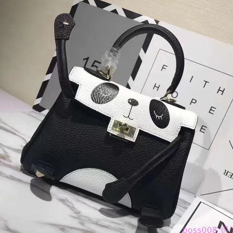 Panda print handbag in cowhide leather with sweet lady style animal pattern.
