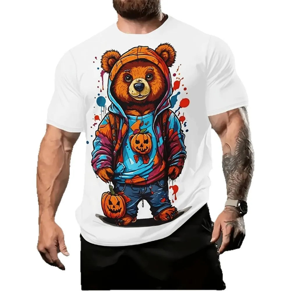 Man wearing a loose-fit short-sleeve shirt with a large cartoon 3D print on the chest in a linen blend fabric.