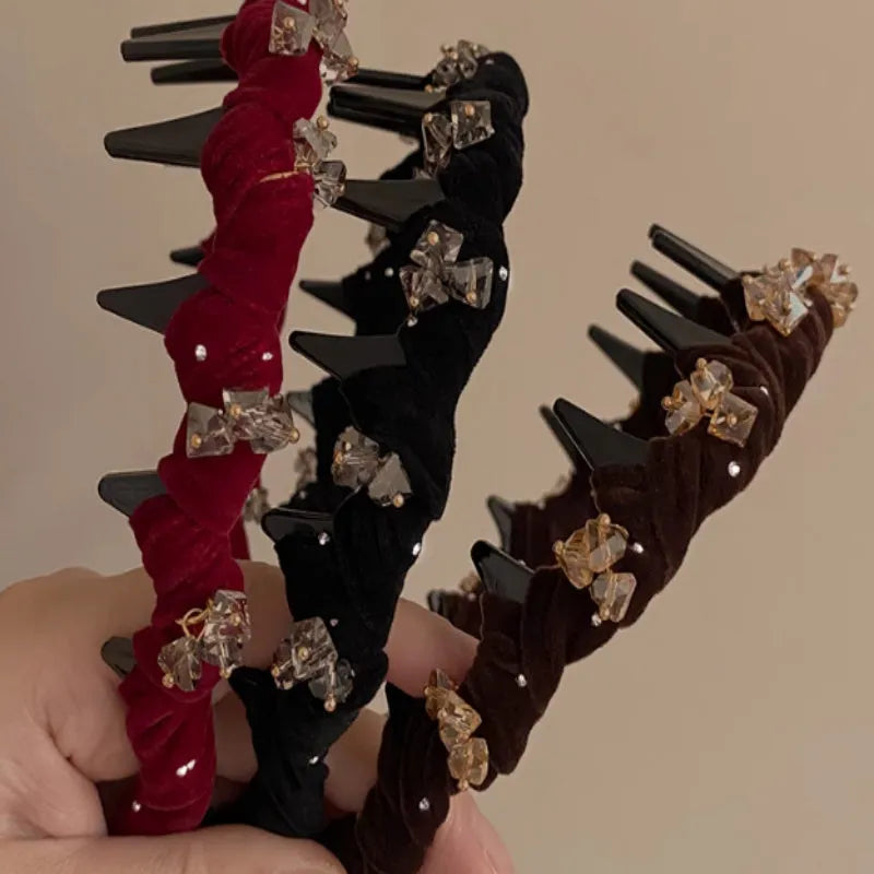 French velvet hairband with crystal wave decoration in black, red, and coffee colours.