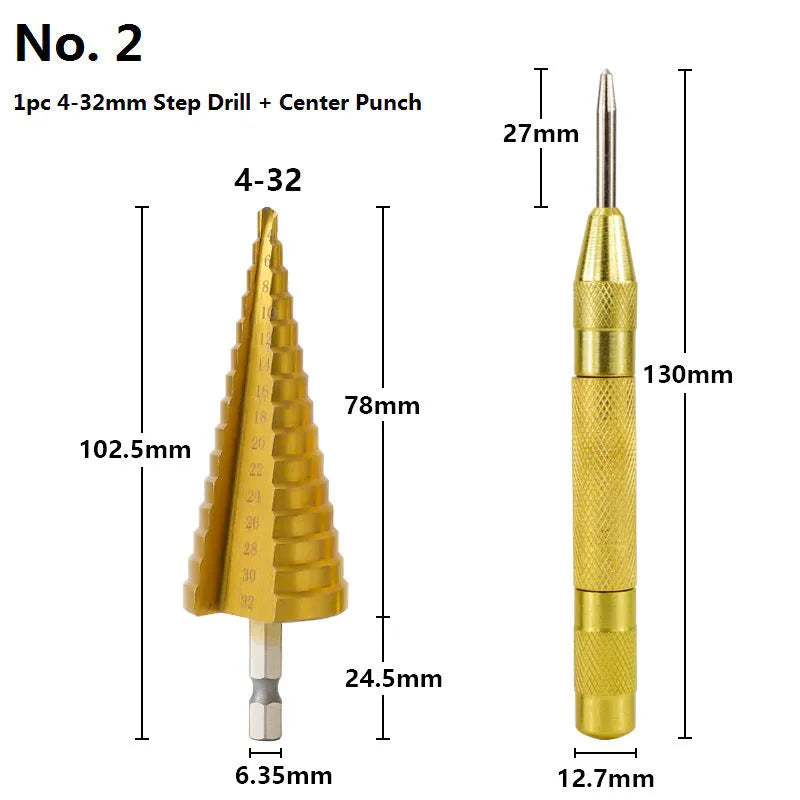 High speed steel step drill bits and centre punch set for metal drilling