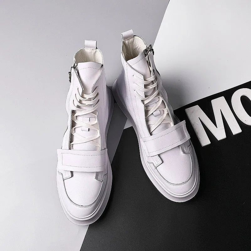 Black and white PU leather men's winter ankle boots in high-top sneaker style with size chart showing measurements from 24.0cm to 26.5cm