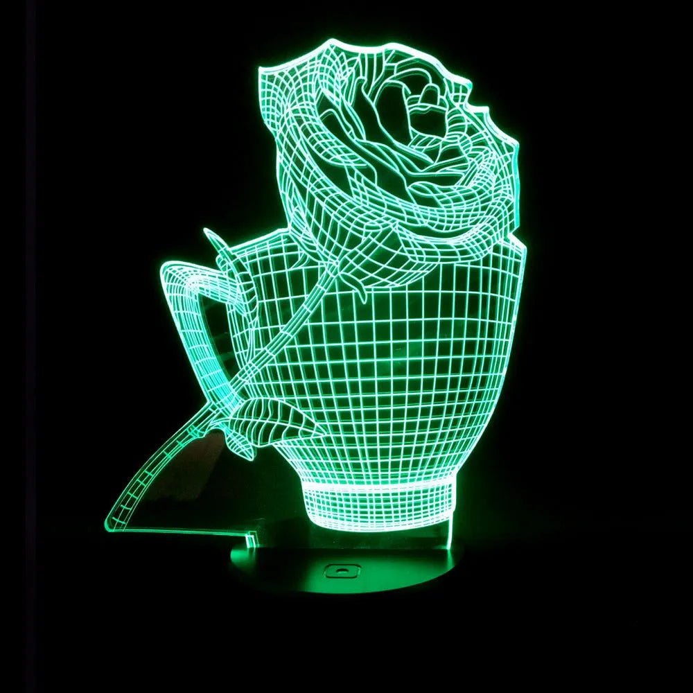 3D acrylic rose flower LED night light with remote control on a dark surface, showing colourful illumination.
