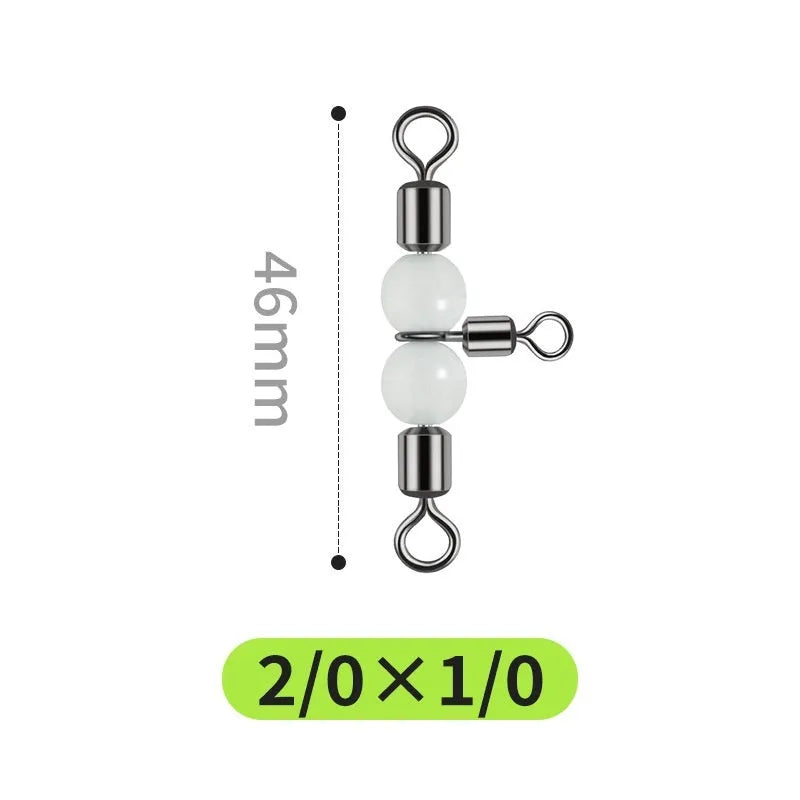 Copper fishing lure accessories showing luminous swivel beads with T-type balance fork rings in multiple sizes