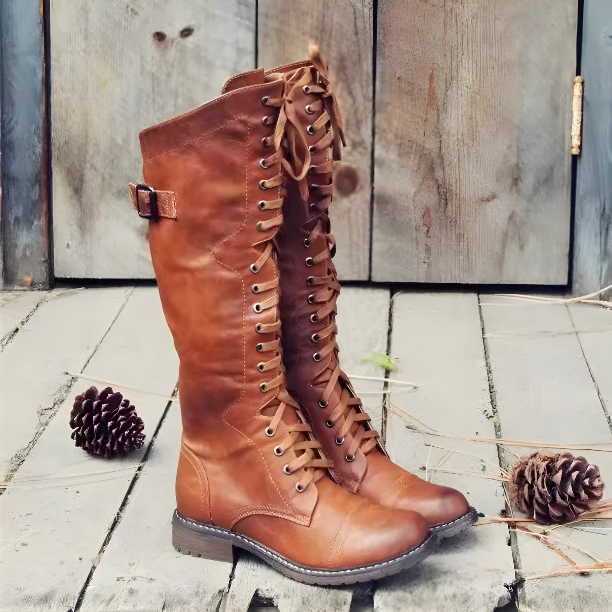 Black chunky heel high leg boots with a round toe and short stout heel on a plain background.