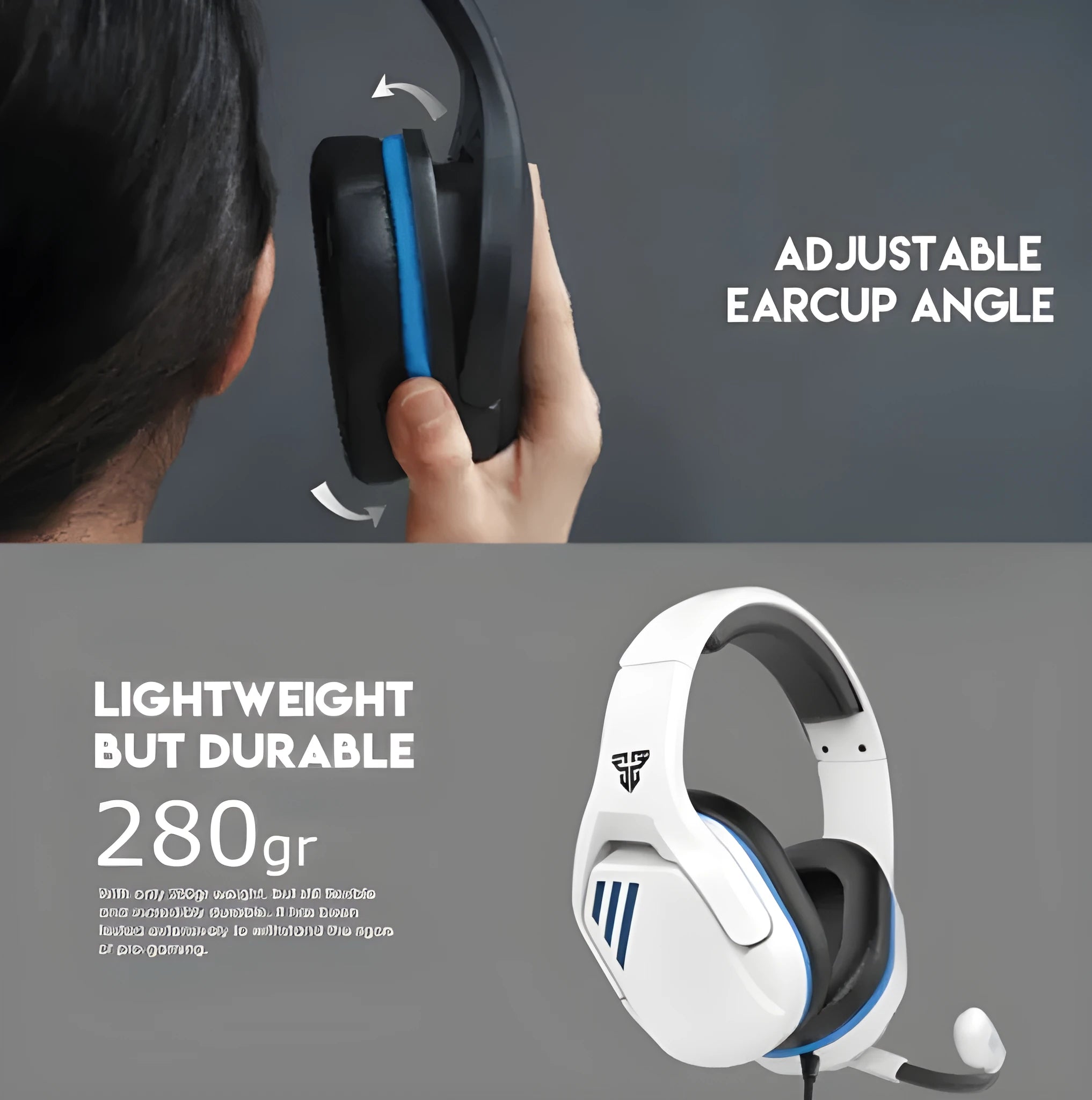 MH86 black and white gaming headset with 50mm drivers and flexible microphone