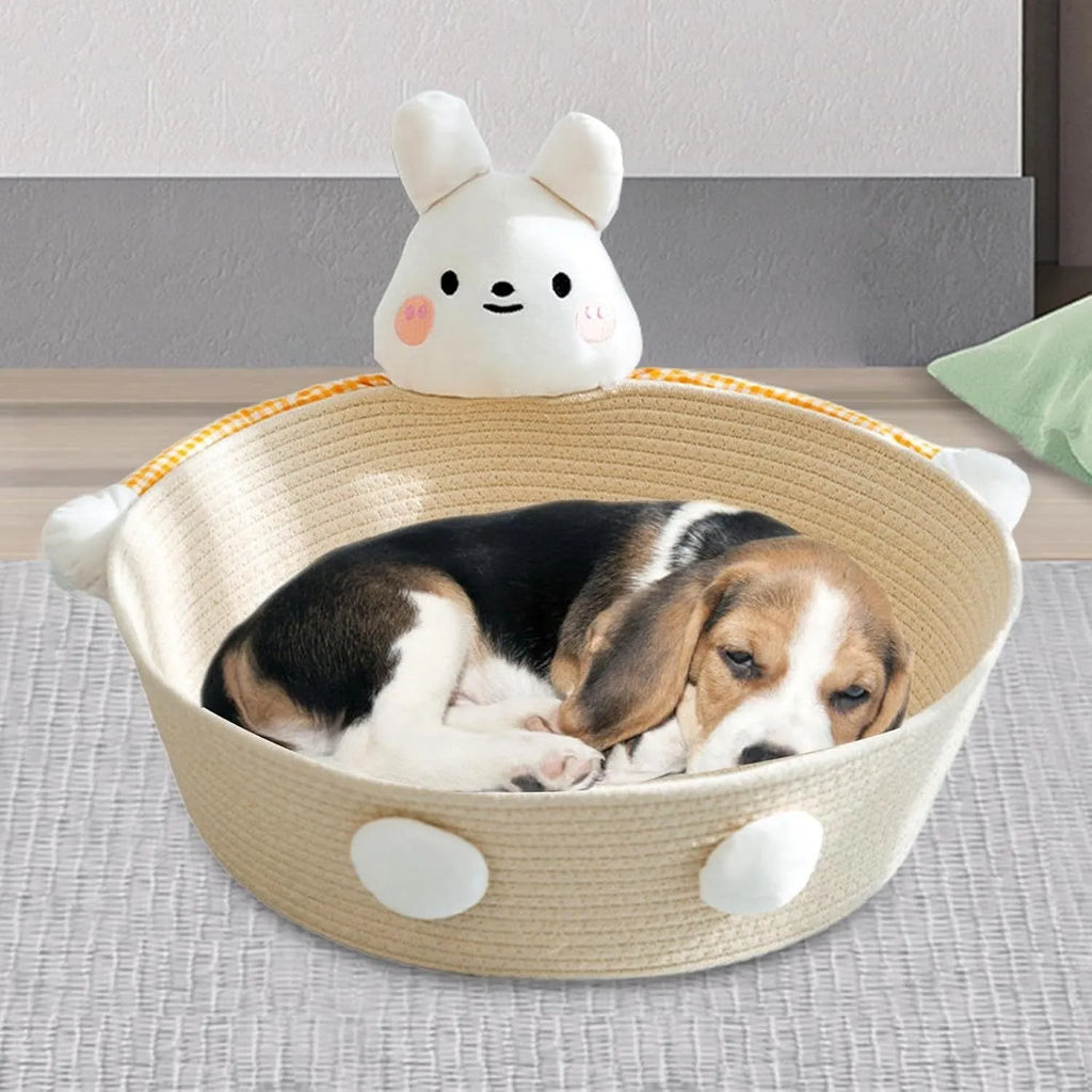 Woven cotton rope cat bed basket with integrated scratching surface in bear print design