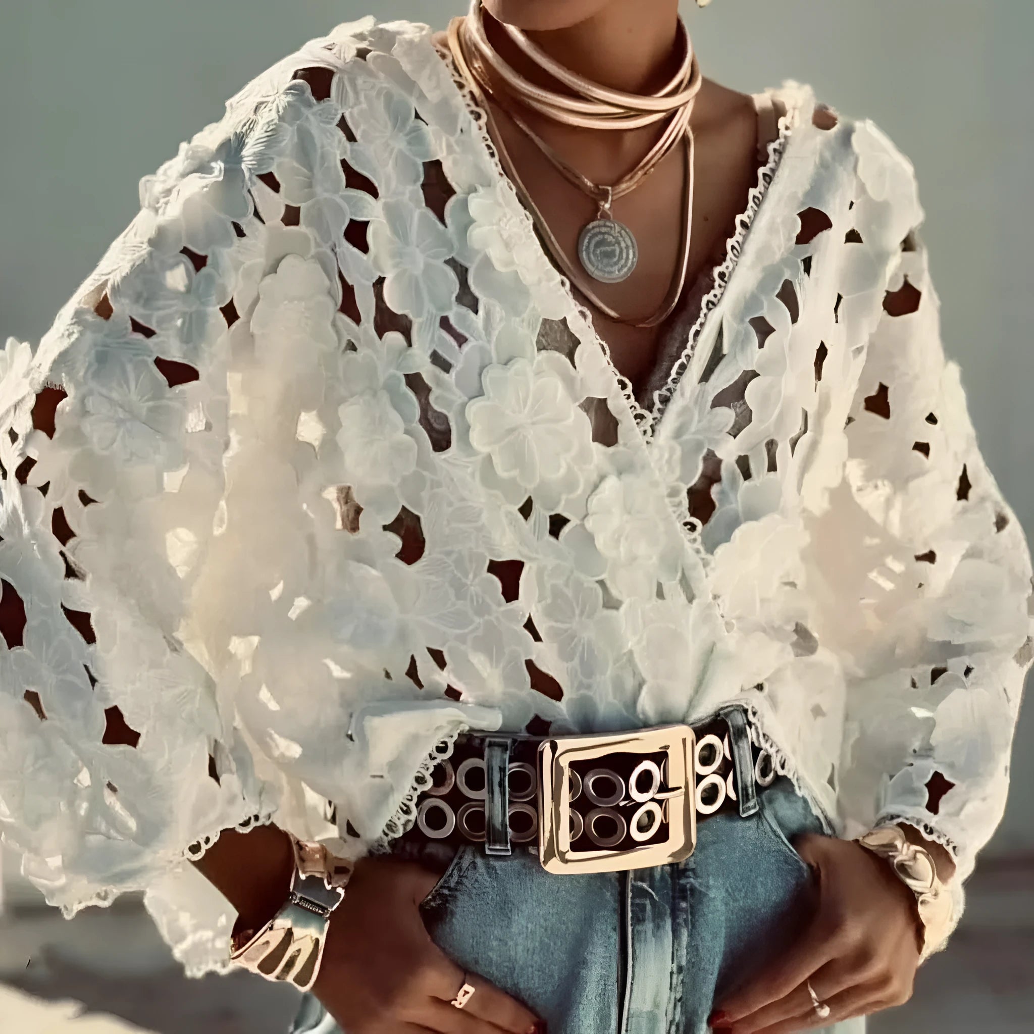 V-neck cardigan with lace flower decoration and hollow long sleeves in loose street fashion style