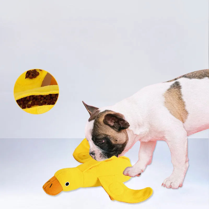 Yellow teddy pet toy with attached duck doll and built-in dog sound mechanism