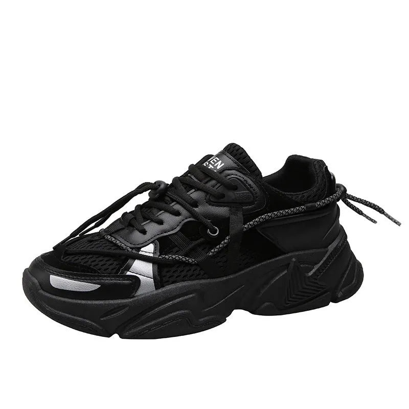 A pair of men's white Korean-style platform sports shoes with a lace-up front.
