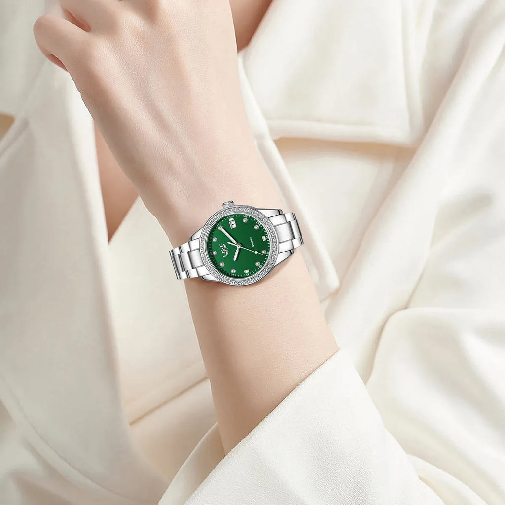 Women's silver fashion watch with diamond bezel, luminous hands and round dial