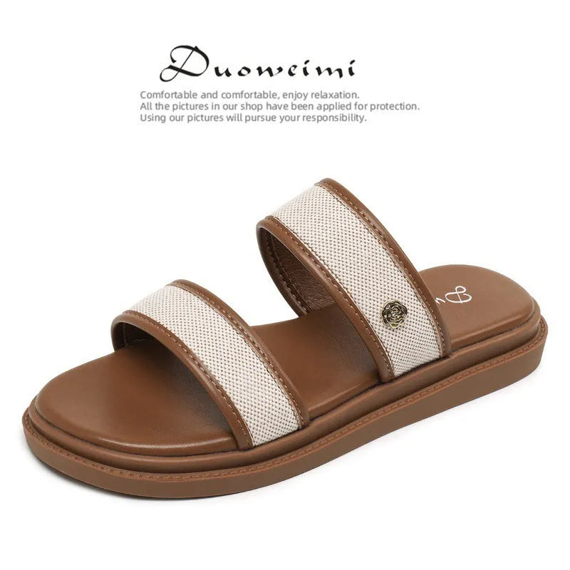 Women's brown retro soft bottom flip-flops with an artificial PU upper on a plain background.