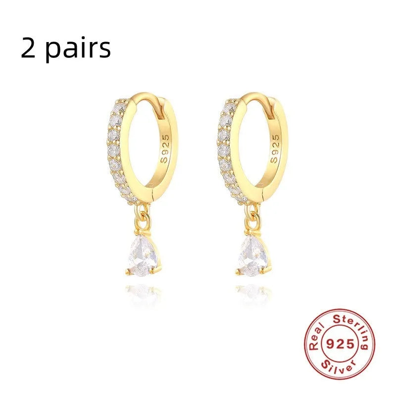 S925 sterling silver geometric water drop earrings with electroplated finish and gemstone accents