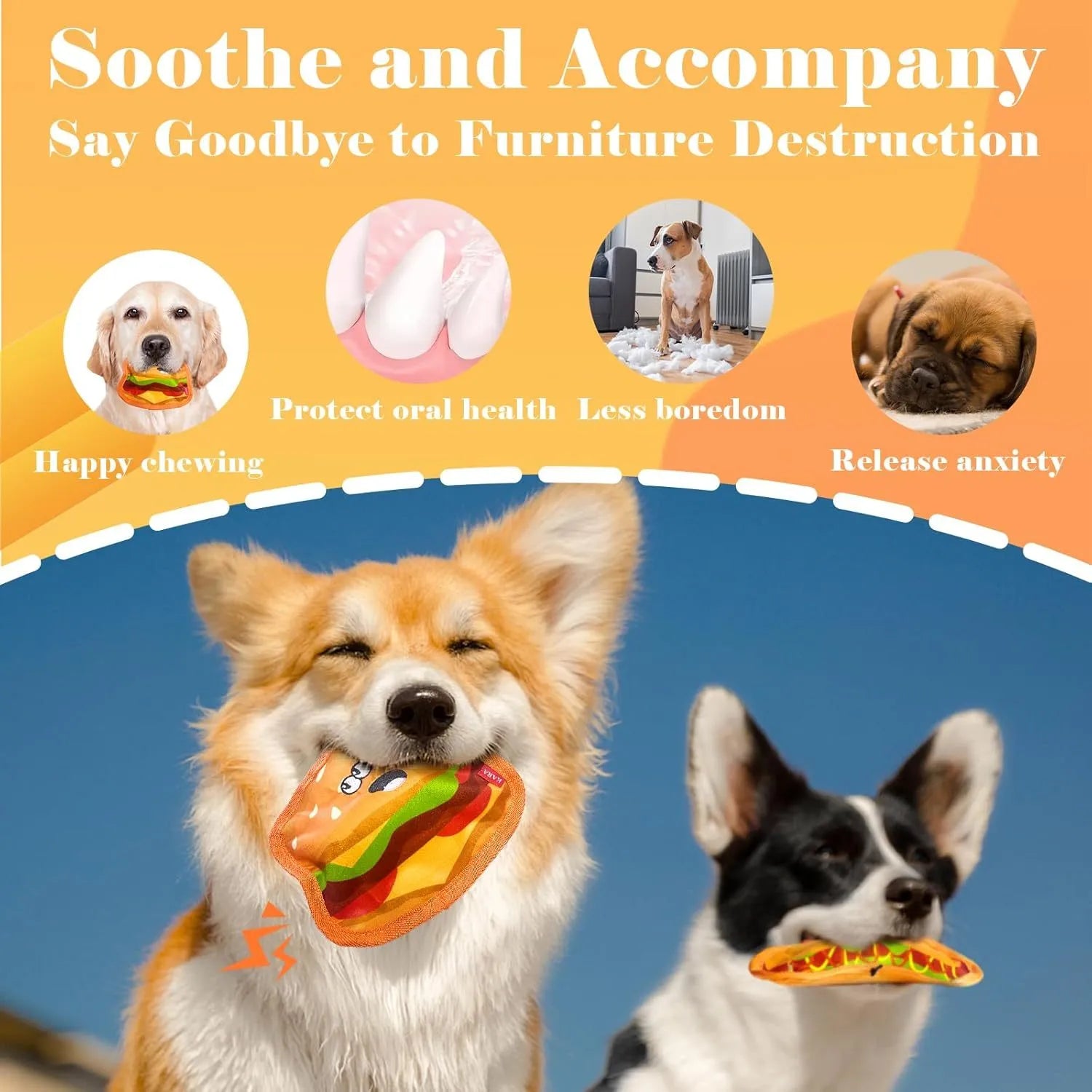 Colourful crinkle and squeaky dog chew toys shaped like a hamburger, fries, a hot dog, and a pizza on a plain background.