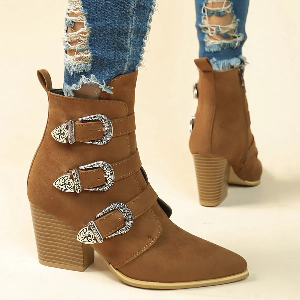 Chunky heel pointed toe retro buckle boots for women, artificial PU, black or light brown