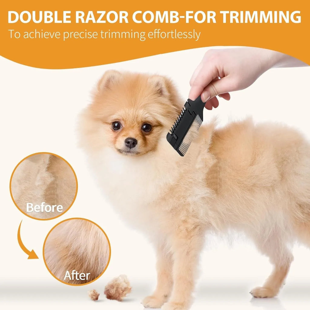 A pet razor comb grooming tool with a plastic handle and metal blade, shown with spare replacement blades.