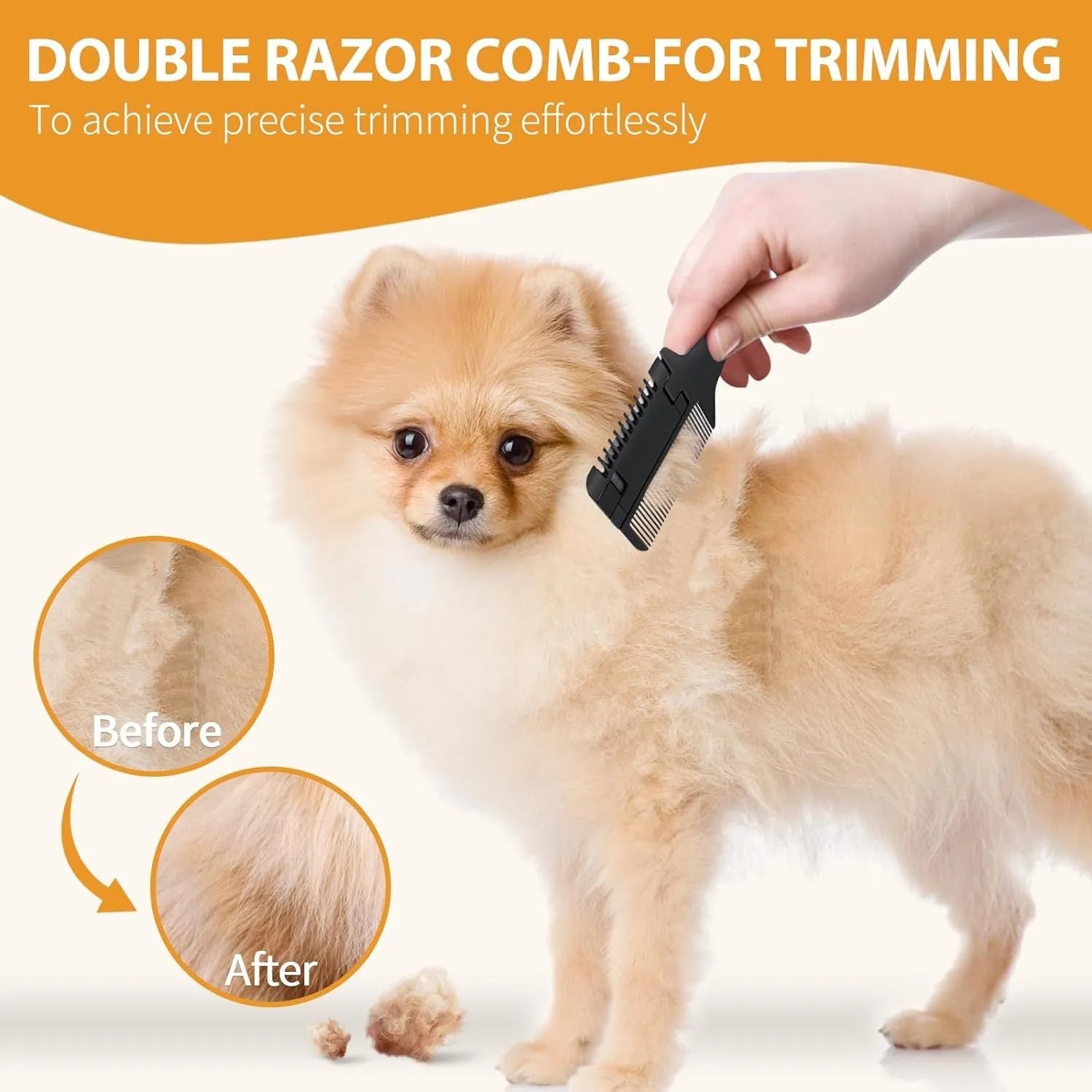 A pet razor comb grooming tool with a plastic handle and metal blade, shown with spare replacement blades.