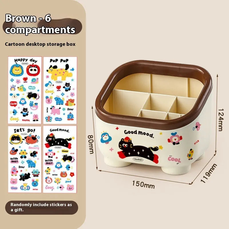 Red and brown cartoon-style desktop storage organiser with grid pattern and sticker set for labelling.
