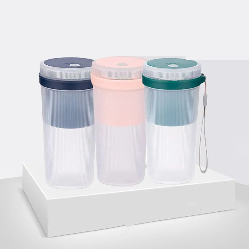 Portable USB rechargeable blender juicer cup in blue with 300ml capacity and stainless steel blades