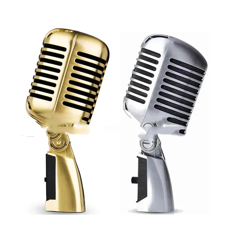 Silver retro dynamic stage microphone with all-metal construction and classic design