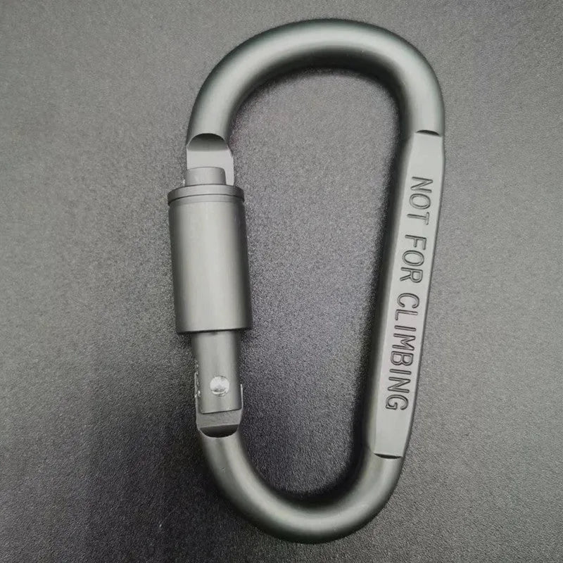 Aluminium D-type locking carabiner showing 8cm flat measurement in various colour options
