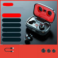 Black wireless Bluetooth earphones with in-ear design showing stereo binaural configuration