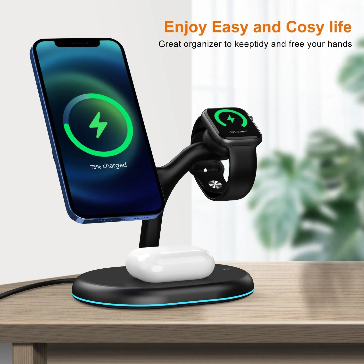 Black three-in-one magnetic wireless charger with ABS plastic housing showing charging surface