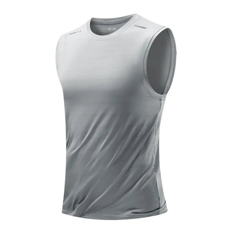 Man wearing a loose-fit, sleeveless grey waistcoat made from non-ironing bamboo fibre fabric.