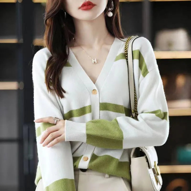 Women's 3D striped knitted cardigan with V-neck and buttons in black and white, green, camel, or black apricot.