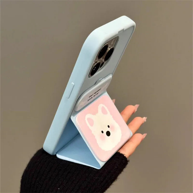 White TPU phone case with cartoon blush West Highland print and foldable bracket for iPhone