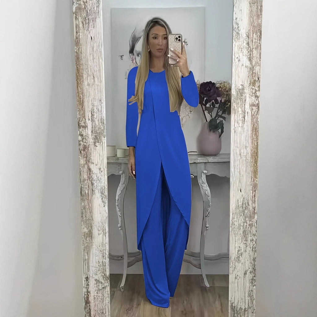 A loose-fitting long sleeve two-piece lounge set in polyester, shown in black, blue, and khaki colour options.