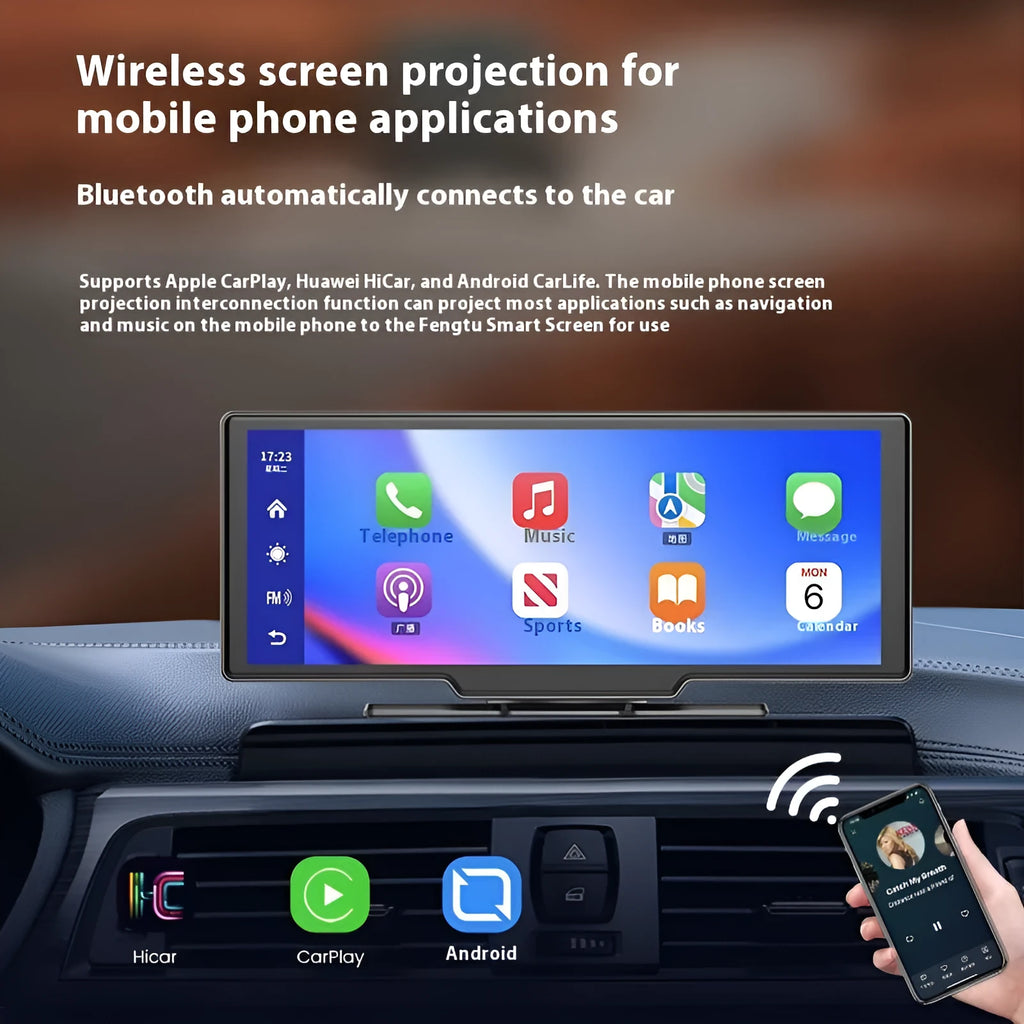 10-inch car touchscreen display showing Apple CarPlay interface and driving recorder footage