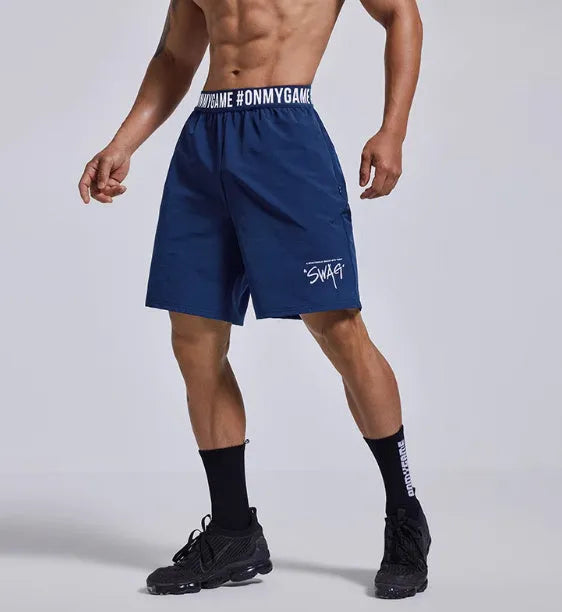 Men's black loose sports shorts with elastic waistband for workout and running