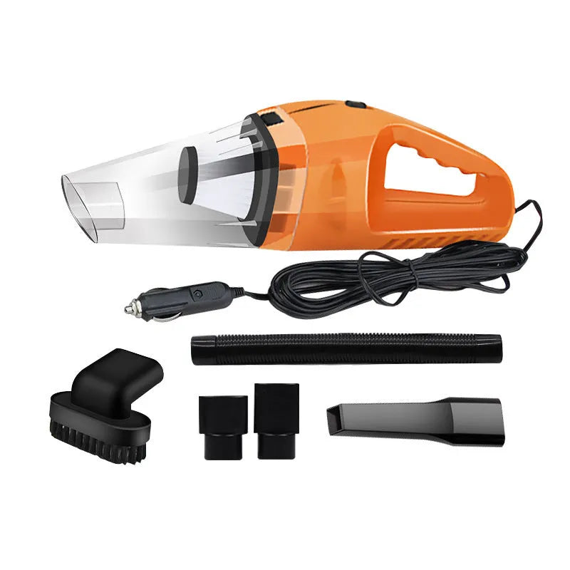 Portable orange handheld car vacuum cleaner with nozzle attachments for 12V vehicle use