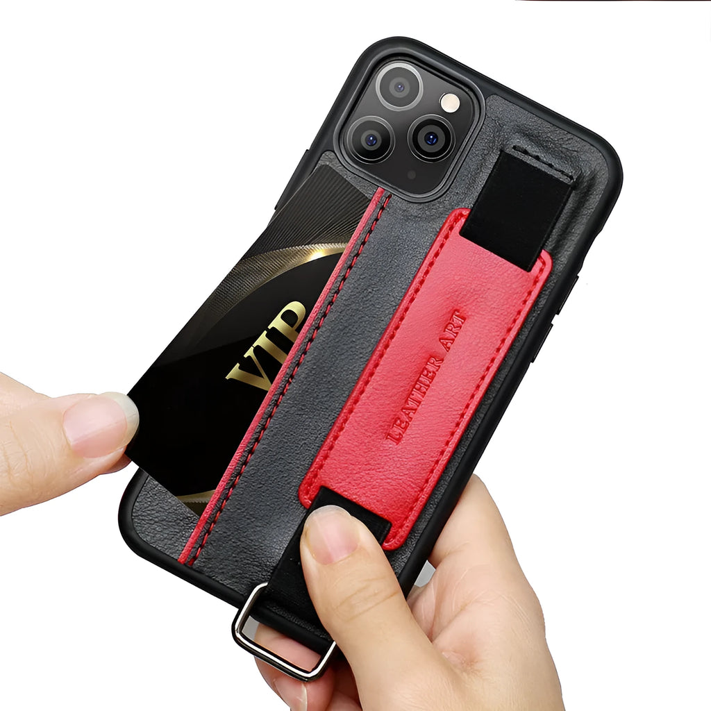Brown imitation leather iPhone case with adjustable wrist strap attached