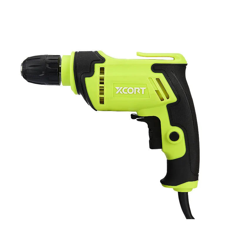450W black pistol grip electric hand drill with a 10mm keyless chuck on a workbench.