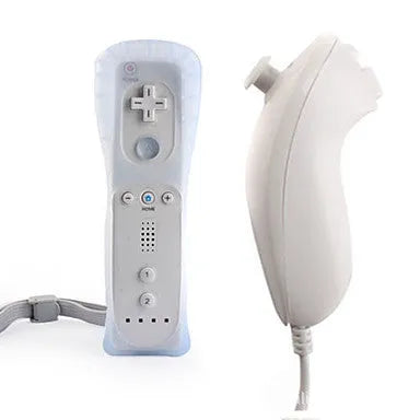Wii left and right wireless gamepad controllers with rubber sleeve on the right-hand unit, in selected colour.